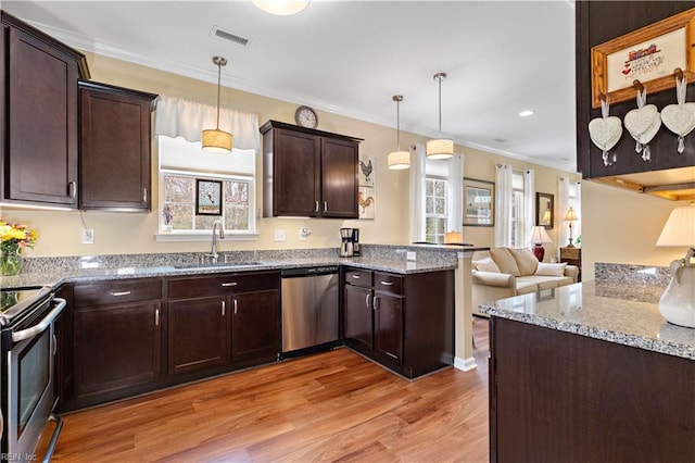 kitchen with light wood-style flooring, appliances with stainless steel finishes, a sink, dark brown cabinetry, and a peninsula