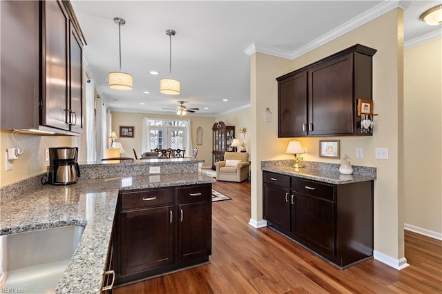 kitchen with open floor plan, crown molding, a peninsula, and dark brown cabinetry