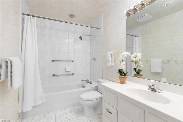 full bathroom featuring toilet, shower / tub combo, a textured ceiling, vanity, and tile patterned floors