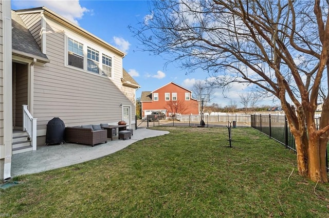 view of yard with a fenced backyard, an outdoor hangout area, and a patio