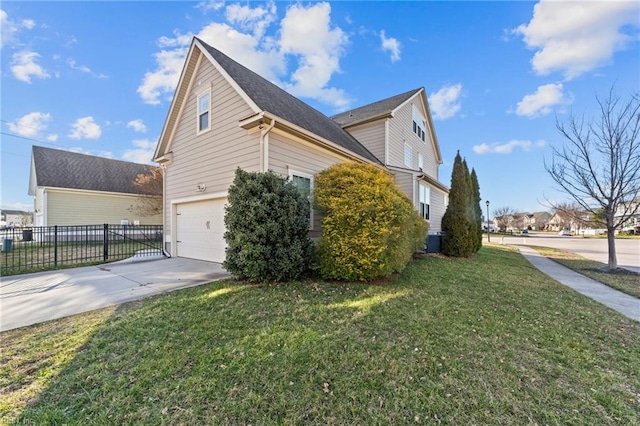 view of side of property featuring an attached garage, central air condition unit, fence, concrete driveway, and a lawn