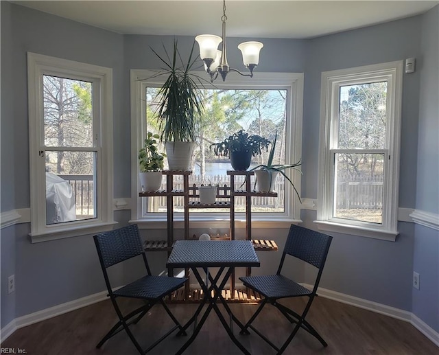 dining room with baseboards, a notable chandelier, and wood finished floors