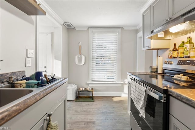 kitchen with under cabinet range hood, ornamental molding, light wood-type flooring, gray cabinets, and stainless steel electric range oven