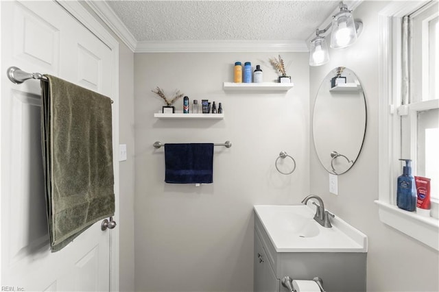 bathroom featuring crown molding, a textured ceiling, and vanity