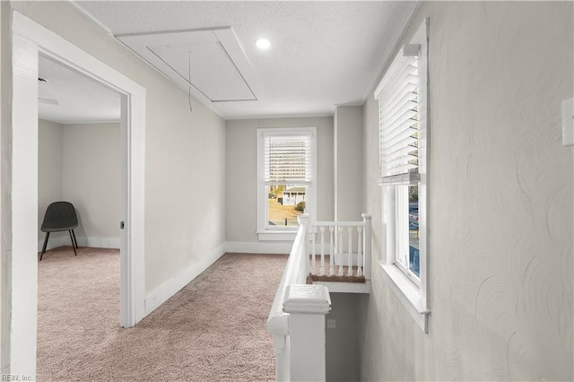 hallway featuring attic access, a textured ceiling, baseboards, and carpet flooring