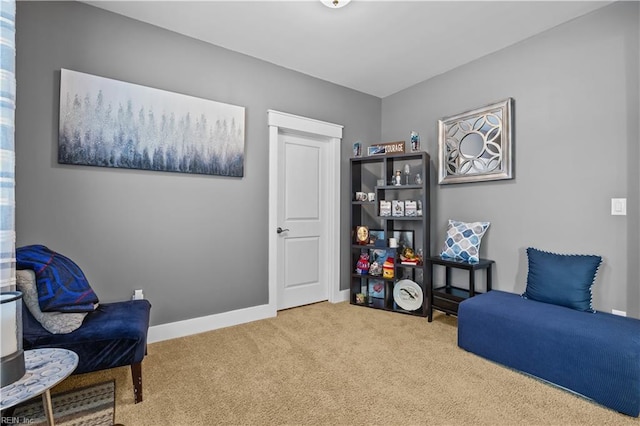 sitting room featuring carpet floors and baseboards