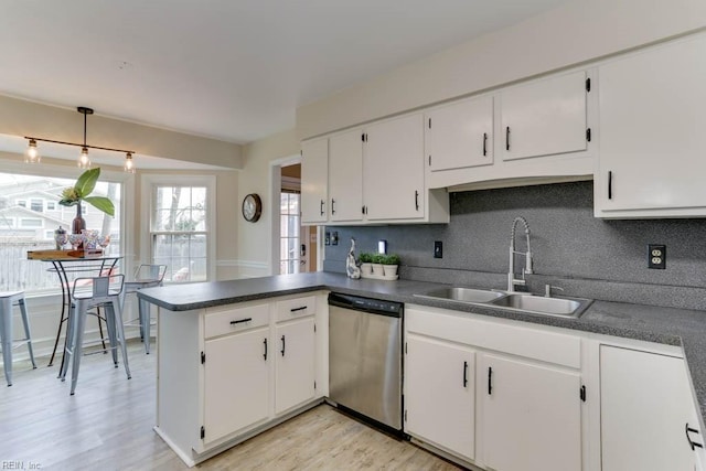 kitchen with dark countertops, white cabinetry, a sink, dishwasher, and a peninsula