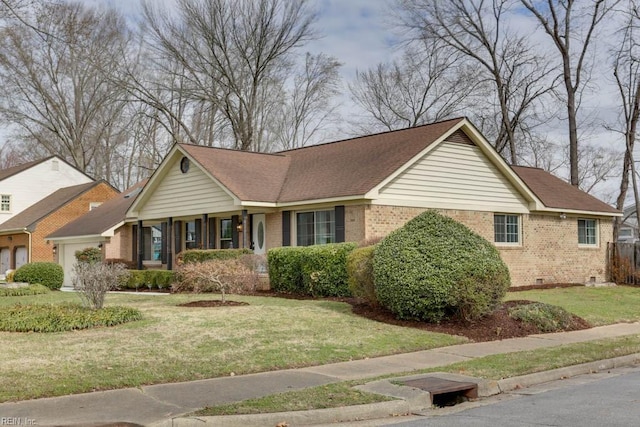 single story home with an attached garage, brick siding, a shingled roof, crawl space, and a front yard