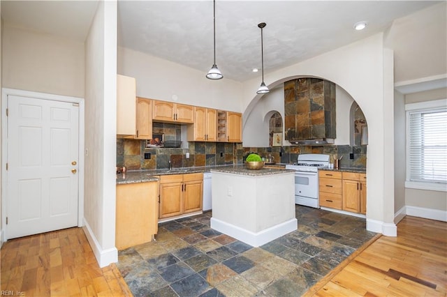 kitchen featuring white appliances, dark wood finished floors, backsplash, and baseboards