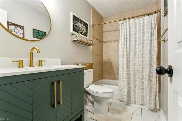 bathroom featuring marble finish floor, toilet, shower / tub combo, a textured ceiling, and vanity