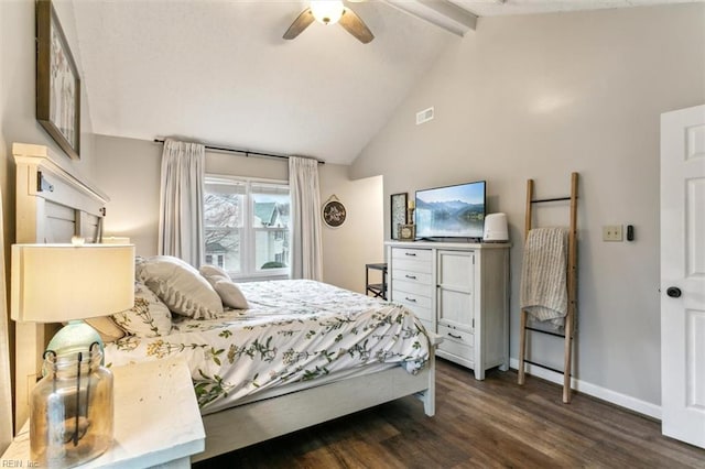 bedroom with dark wood-style floors, visible vents, ceiling fan, beamed ceiling, and baseboards