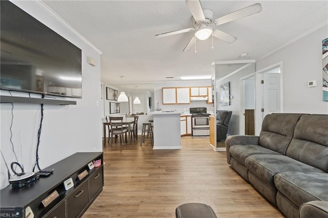 living room featuring light wood finished floors, ceiling fan, a textured ceiling, and crown molding