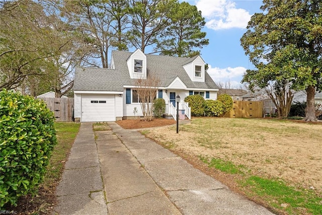 cape cod-style house with roof with shingles, concrete driveway, a front lawn, and fence