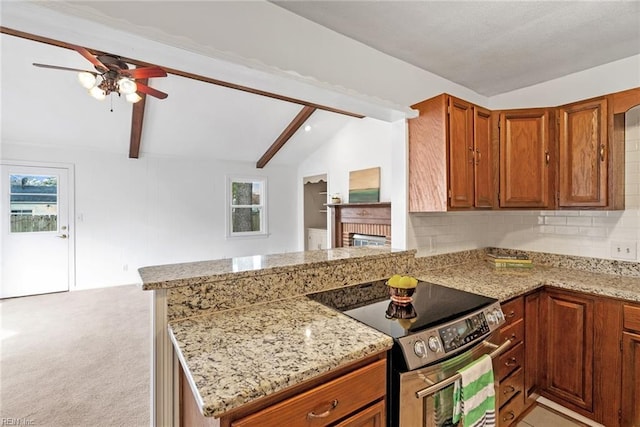 kitchen with lofted ceiling with beams, electric stove, a peninsula, and tasteful backsplash