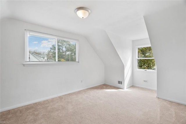 additional living space featuring visible vents, baseboards, carpet, and vaulted ceiling