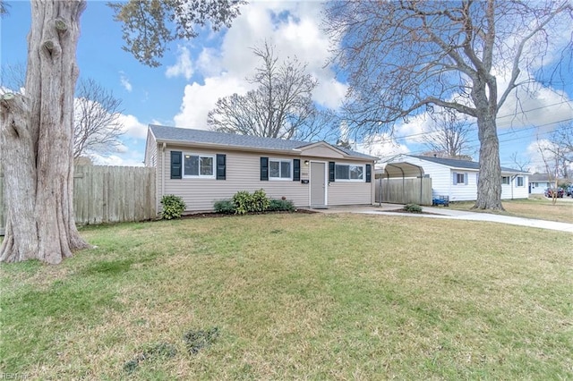 single story home featuring concrete driveway, a front lawn, and fence