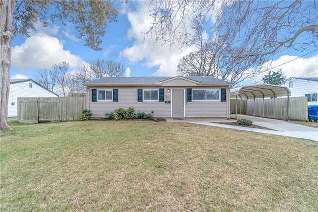 single story home featuring driveway, a front lawn, fence, and a detached carport