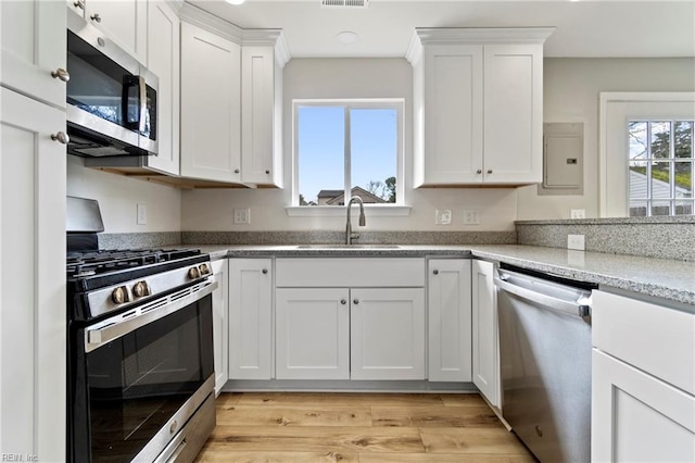 kitchen featuring light wood-style flooring, appliances with stainless steel finishes, white cabinetry, a sink, and electric panel