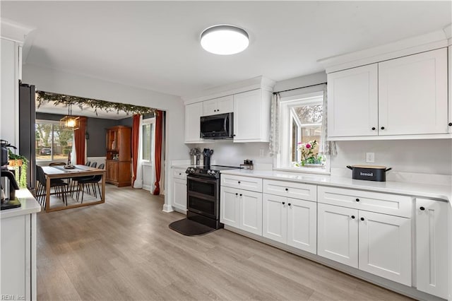 kitchen featuring light wood-type flooring, plenty of natural light, range with two ovens, and light countertops