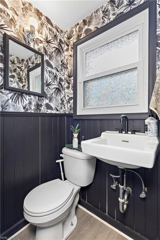 half bathroom with wallpapered walls, toilet, a wainscoted wall, wood finished floors, and a sink