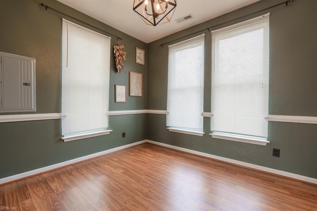 spare room with visible vents, wood finished floors, electric panel, and baseboards