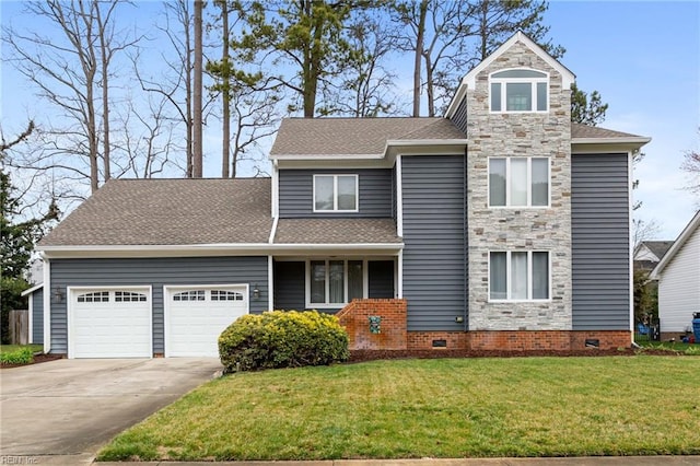 view of front facade with an attached garage, stone siding, driveway, crawl space, and a front lawn