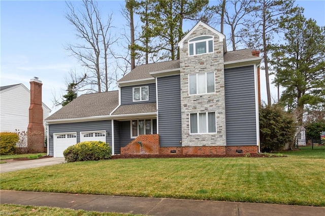 view of front of house with concrete driveway, an attached garage, a front yard, crawl space, and stone siding