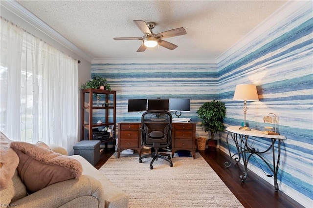 office with a textured ceiling, ceiling fan, wood finished floors, ornamental molding, and wallpapered walls