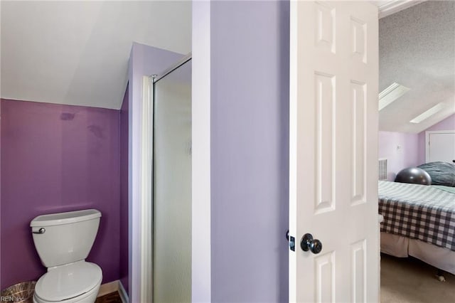 full bath featuring a stall shower, lofted ceiling, toilet, ensuite bath, and a textured ceiling