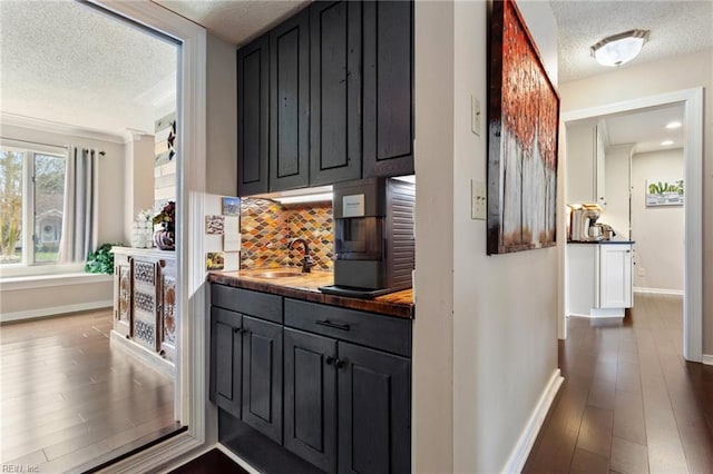 bar featuring baseboards, dark wood finished floors, a sink, a textured ceiling, and backsplash