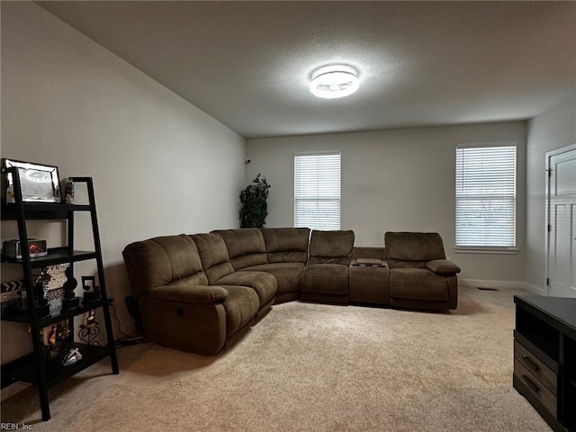 living area with a healthy amount of sunlight, baseboards, a textured ceiling, and light colored carpet