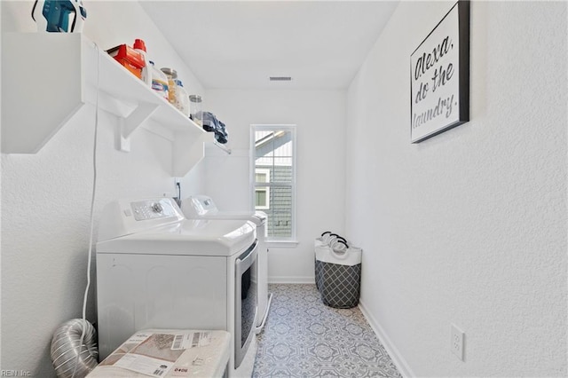 laundry room with laundry area, visible vents, baseboards, and separate washer and dryer