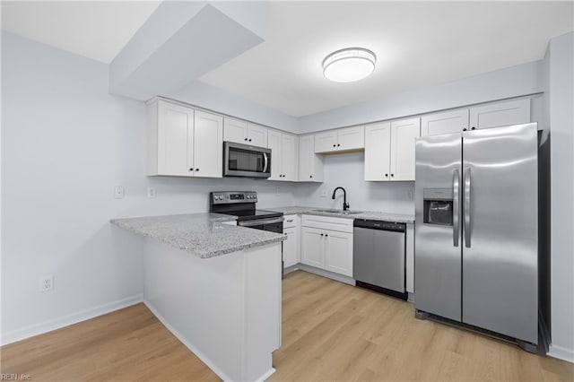 kitchen with a peninsula, white cabinetry, appliances with stainless steel finishes, and a sink