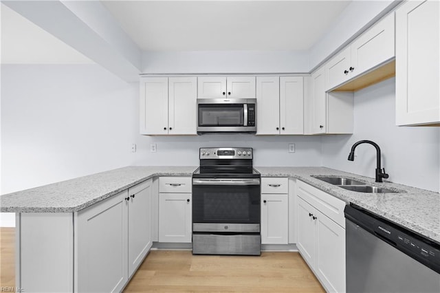 kitchen with light wood-style flooring, a peninsula, a sink, white cabinets, and appliances with stainless steel finishes