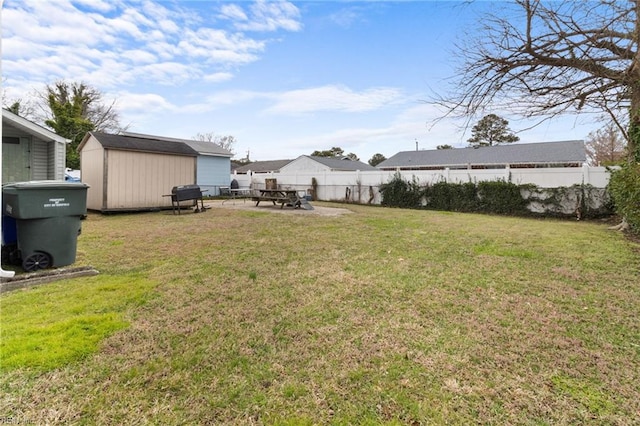 view of yard with an outbuilding, a fenced backyard, a patio, and a storage shed