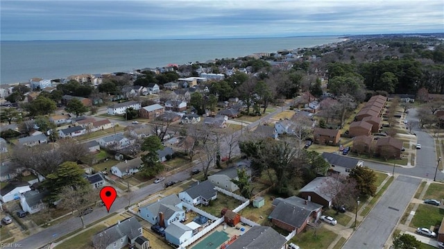 aerial view featuring a water view and a residential view