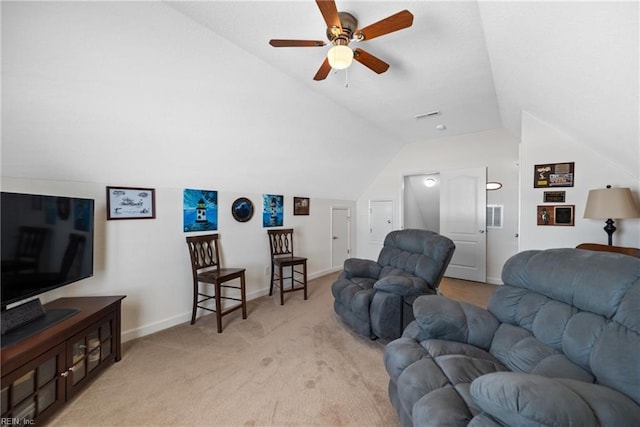 living area with light carpet, baseboards, visible vents, a ceiling fan, and vaulted ceiling