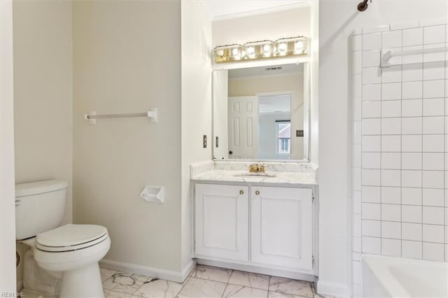 full bath with marble finish floor, shower / bath combination, toilet, vanity, and baseboards