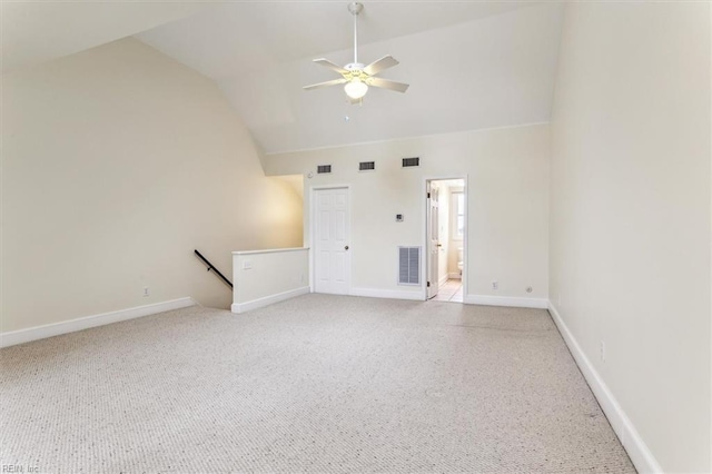 unfurnished room with baseboards, ceiling fan, visible vents, and light colored carpet