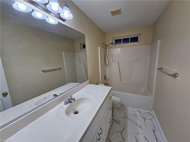 bathroom with marble finish floor, bathing tub / shower combination, visible vents, toilet, and vanity