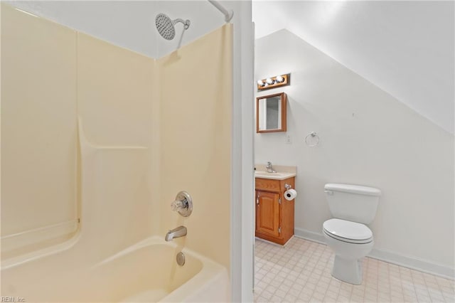 full bath featuring vanity, baseboards,  shower combination, tile patterned floors, and toilet