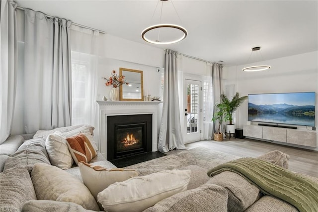 living area featuring a fireplace with flush hearth and wood finished floors