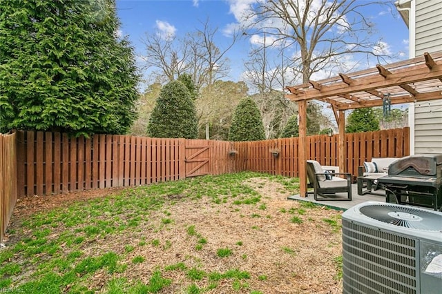 view of yard with central air condition unit, a pergola, and a fenced backyard