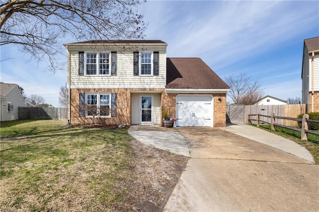 view of front of house with an attached garage, concrete driveway, a front lawn, and fence