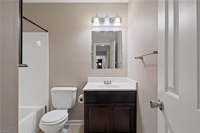 bathroom with baseboards, toilet, shower / tub combination, tile patterned floors, and vanity