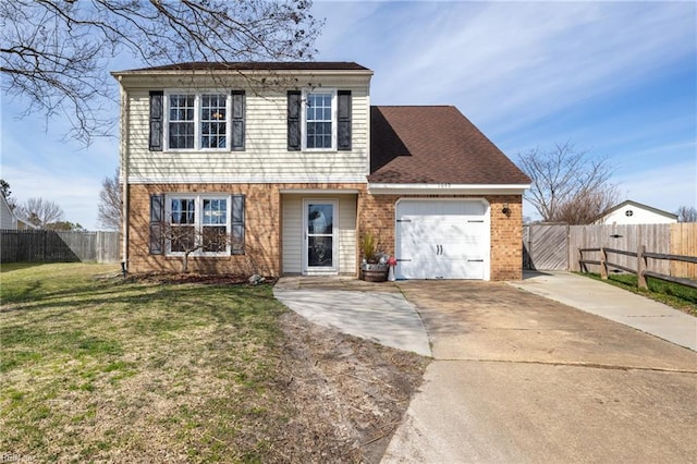 view of front of home with a front yard, fence, concrete driveway, a garage, and brick siding