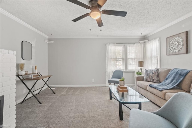 carpeted living room with crown molding, a textured ceiling, and baseboards