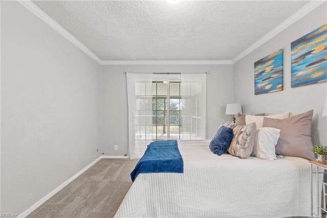 carpeted bedroom with a textured ceiling, ornamental molding, and baseboards