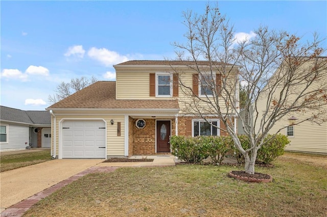 traditional-style home with brick siding, a shingled roof, concrete driveway, an attached garage, and a front yard