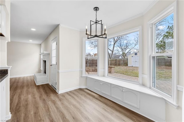 unfurnished dining area featuring light wood-style floors, a healthy amount of sunlight, a fireplace, and baseboards